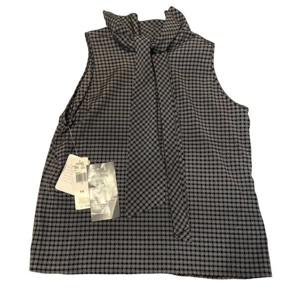 Jones New York Silk Blend Geometric Tie Neck Sleeveless Blouse Black White 14
